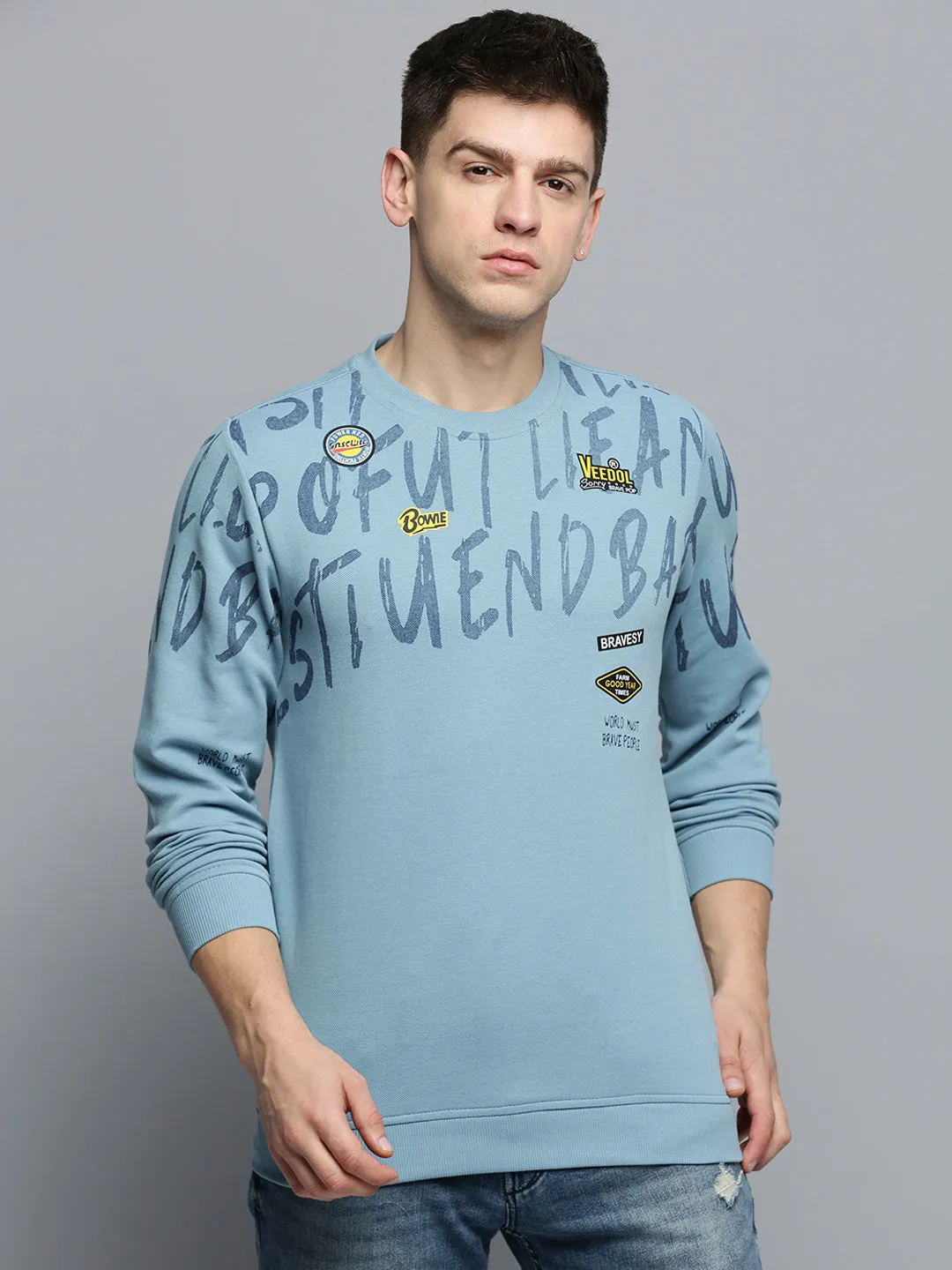 Men's Blue Typography Printed Pullover Cotton Sweatshirt short sleeves