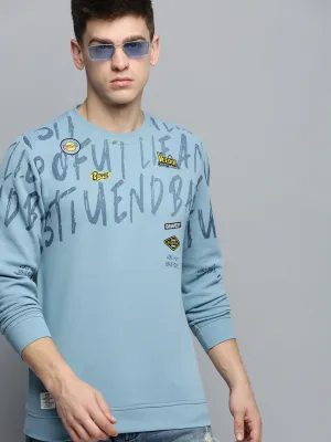 Modern Fit Men's Blue Typography Printed Pullover Cotton Sweatshirt