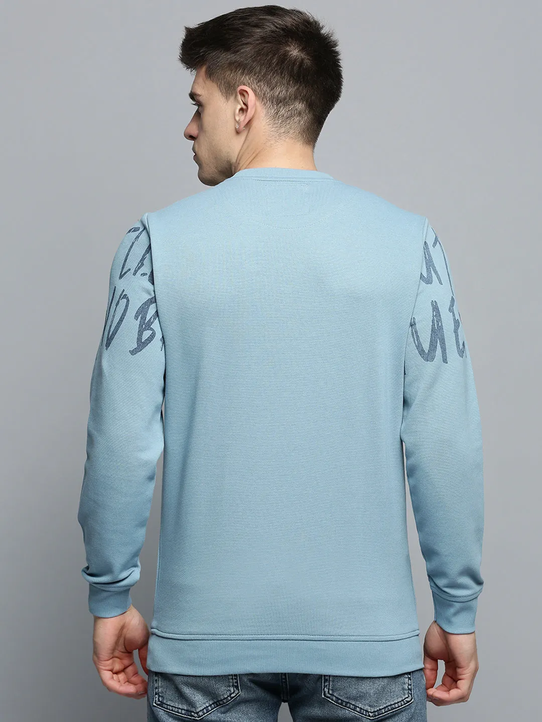 Men's Blue Typography Printed Pullover Cotton Sweatshirt Comfort Piece Fashion Fit