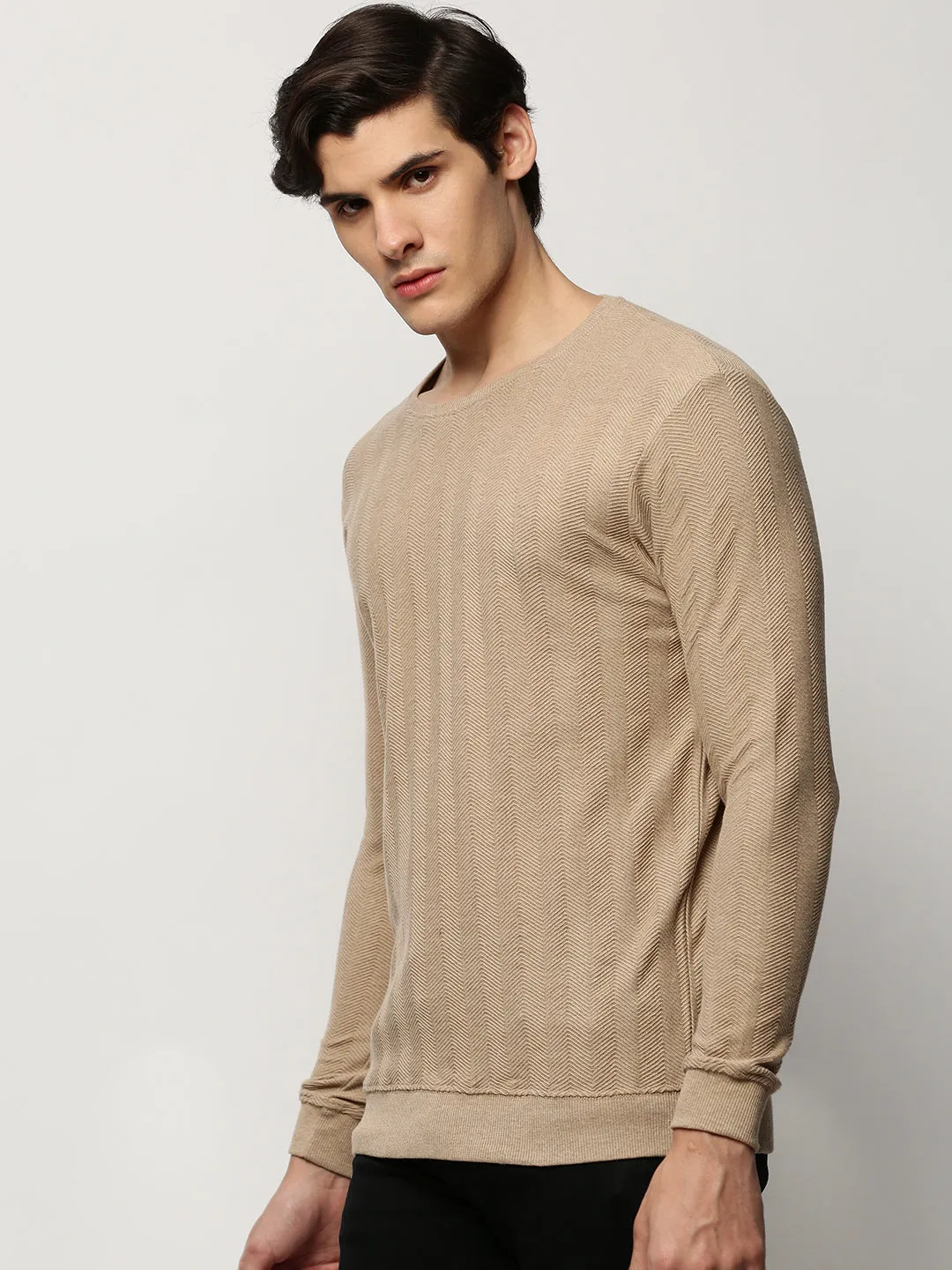Men's Beige Chevron Self Design Cotton Pullover product gym readiness Daily Relaxed