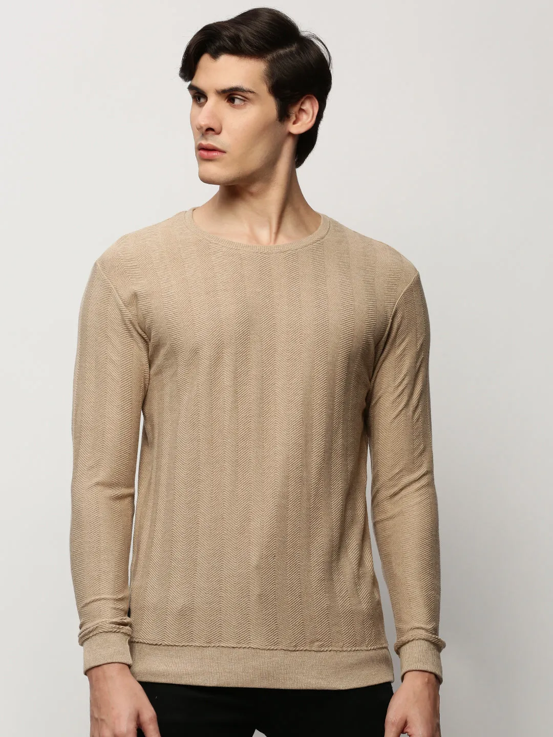 Men's Beige Chevron Self Design Cotton Pullover product gym readiness Comfort Design