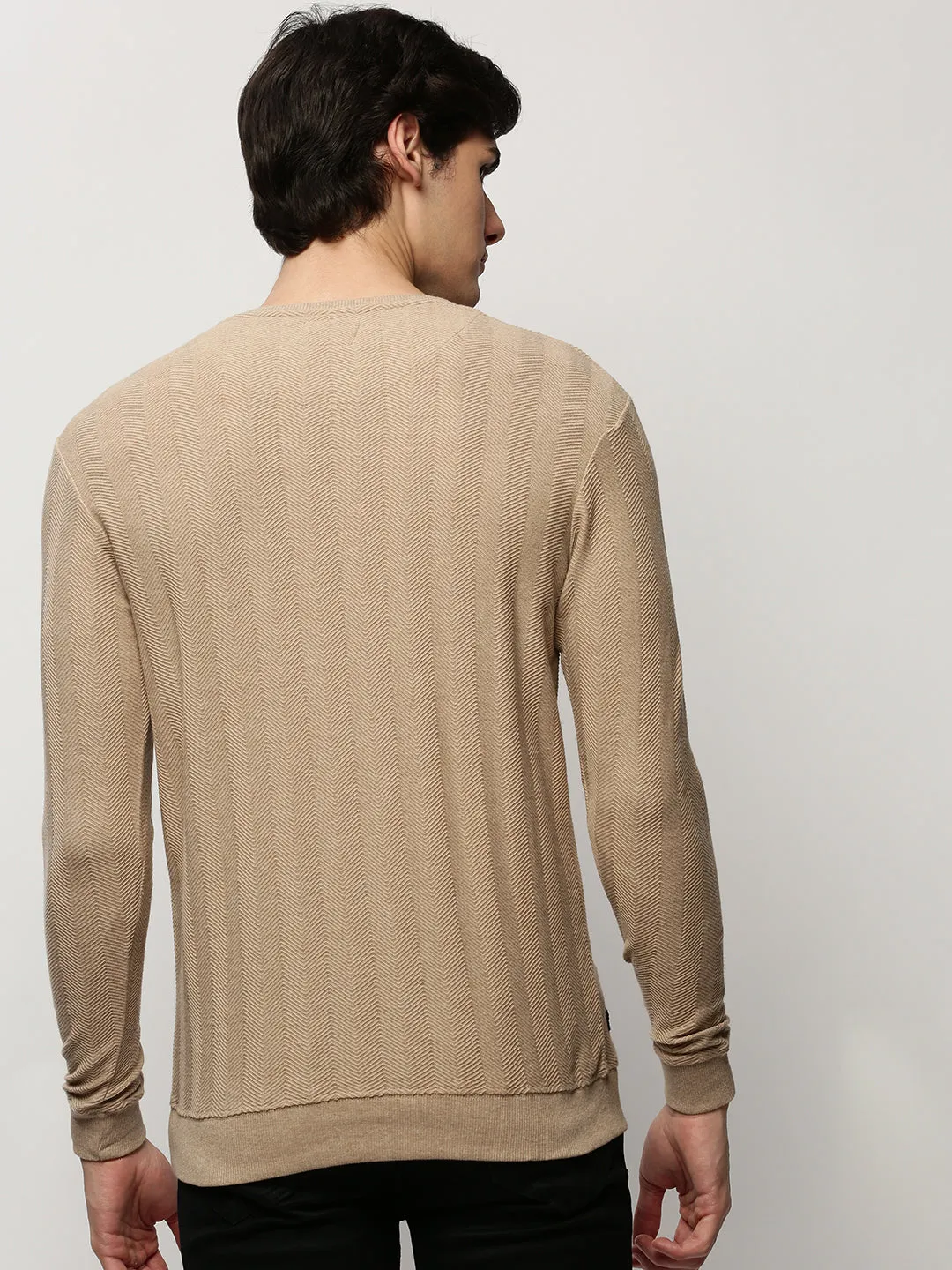 Men's Beige Chevron Self Design Cotton Pullover Petite Cut