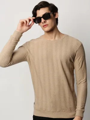 anti shrinking Soft Touch Men's Beige Chevron Self Design Cotton Pullover