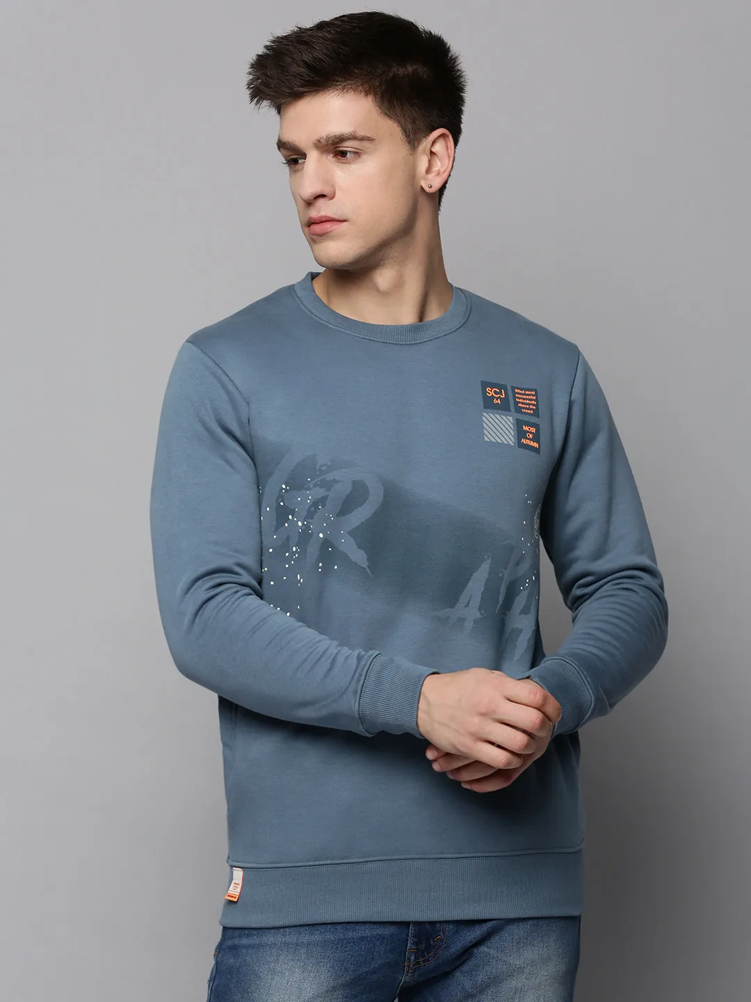 Wool budget-friendly Men's Teal Printed Round Neck Cotton Sweatshirt