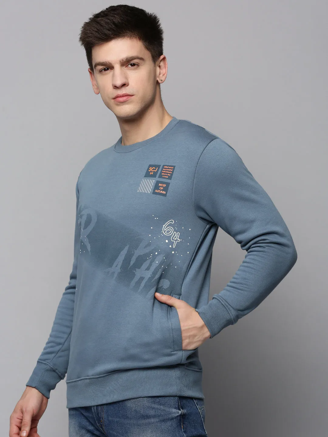 Fashion Layering Men's Teal Printed Round Neck Cotton Sweatshirt