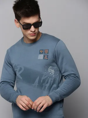 Quick-Dry Tech Warm Fashion Men's Teal Printed Round Neck Cotton Sweatshirt