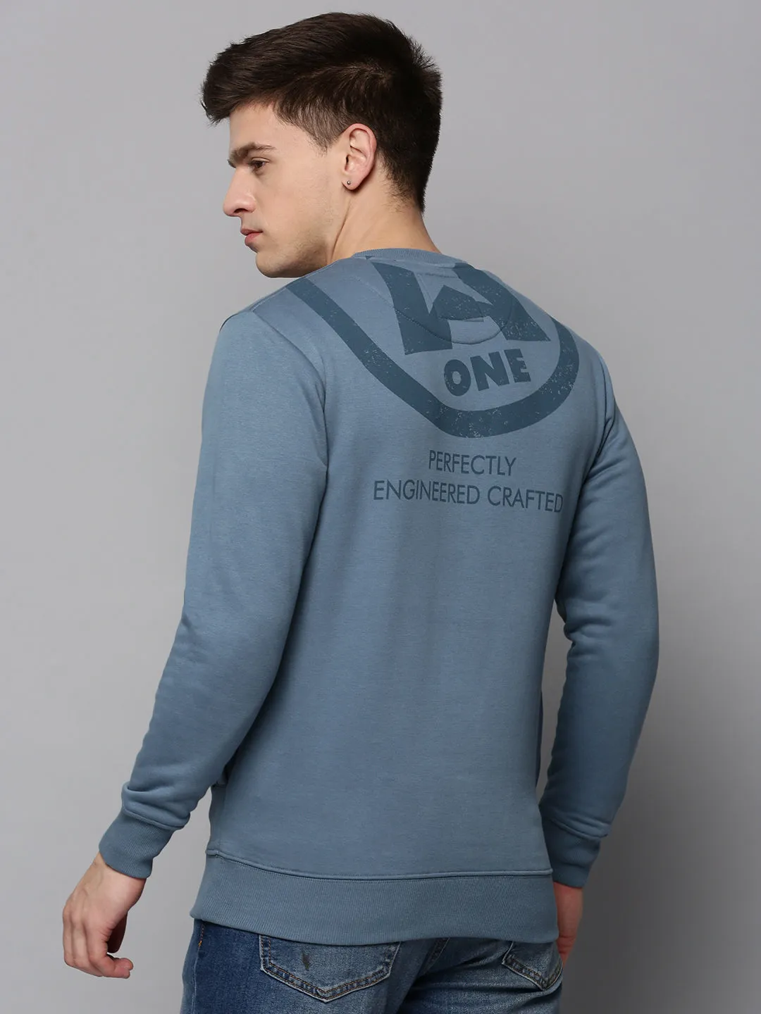 Men's Teal Printed Round Neck Cotton Sweatshirt Muscular Fit appropriate for autumn
