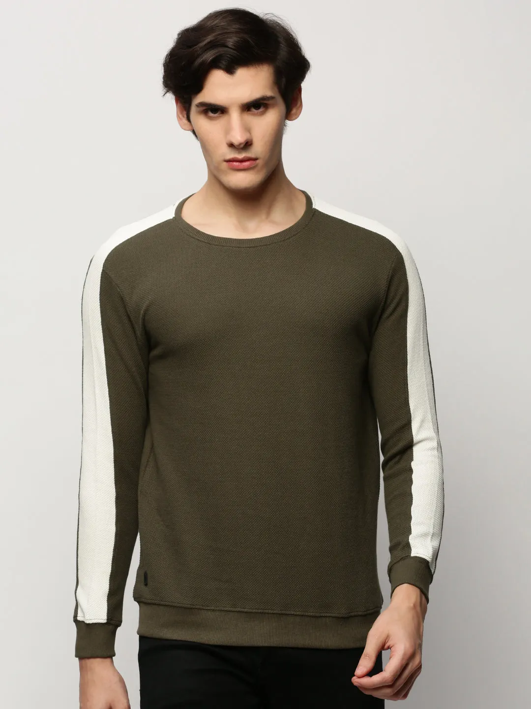 Fashion Layering Men's Olive Self Design Cotton Pullover