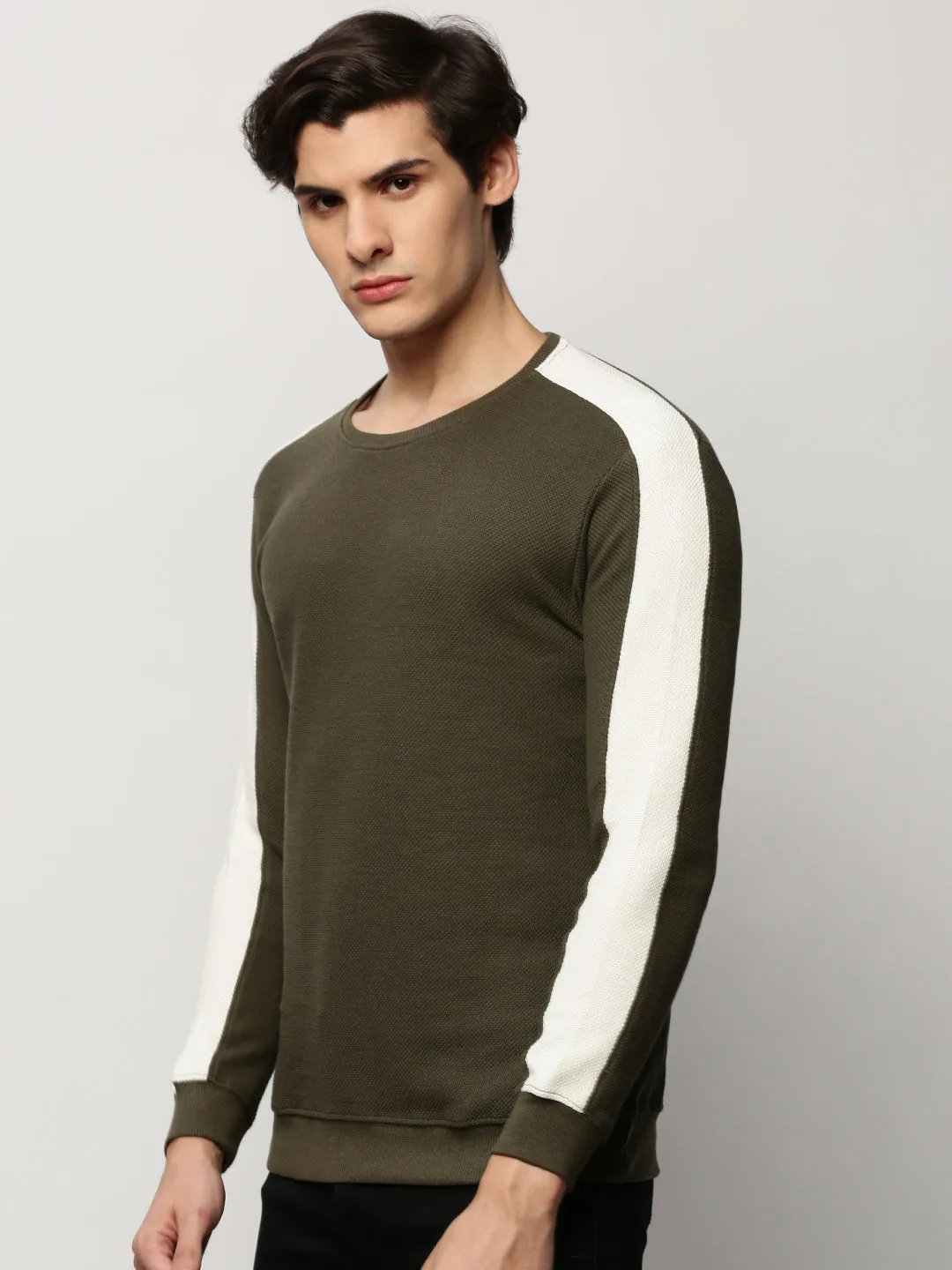 Casual Wear Men's Olive Self Design Cotton Pullover