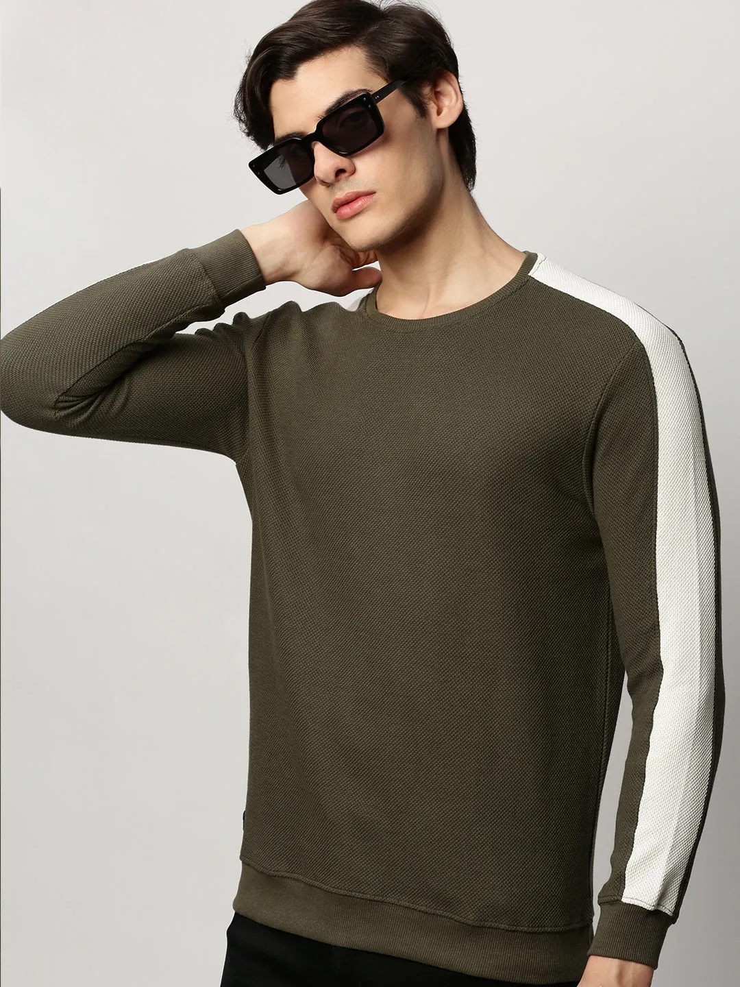 Trendy Basics scarf accents Men's Olive Self Design Cotton Pullover