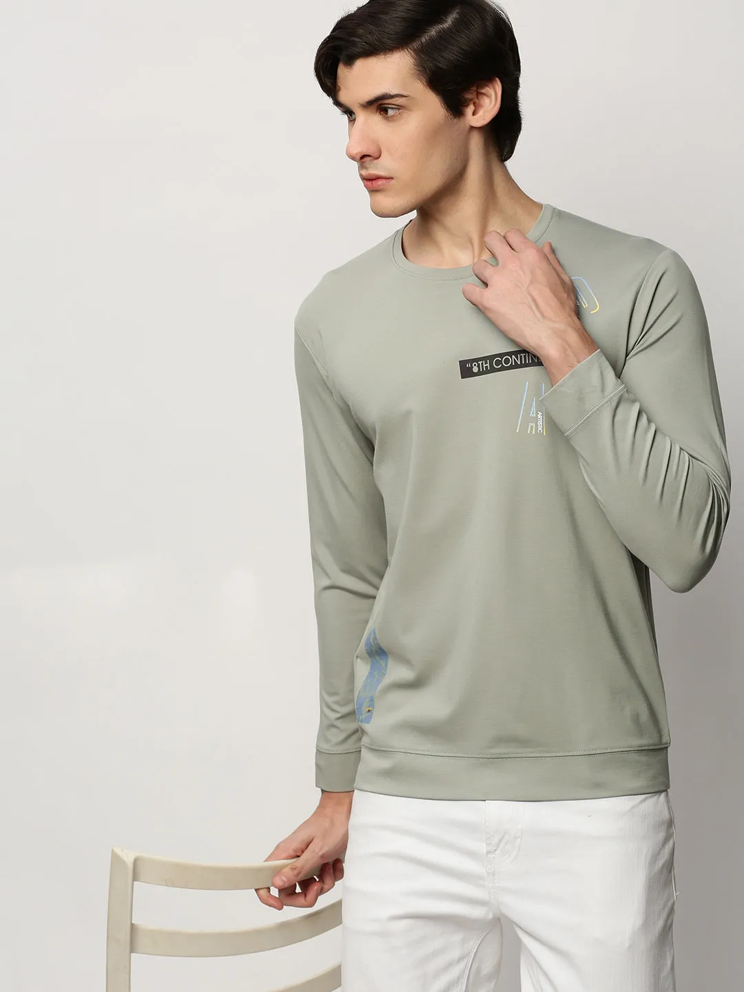 Men's Sea Green Graphic Printed Cotton Sweatshirt Wool