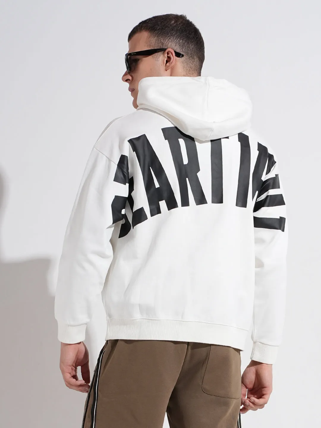 Men's Typography White Ribbed Relaxed Fit Hoodie Fashion Relaxed