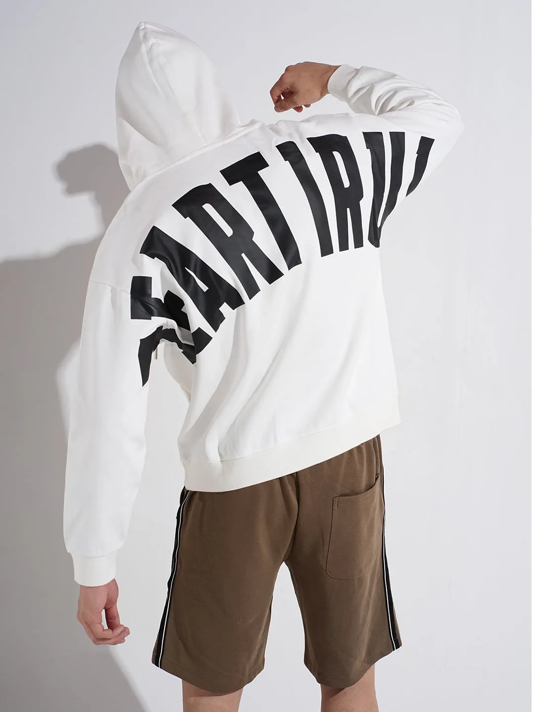 Long Sleeves Men's Typography White Ribbed Relaxed Fit Hoodie