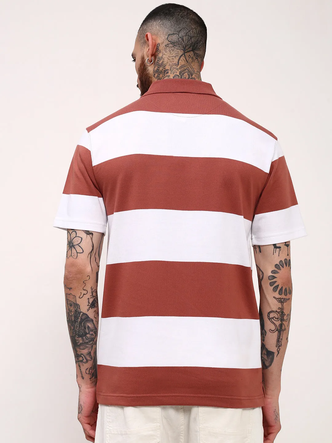 Men's Brown Striped Polo Collar Slim Fit Cotton T-Shirt Geometric Print
