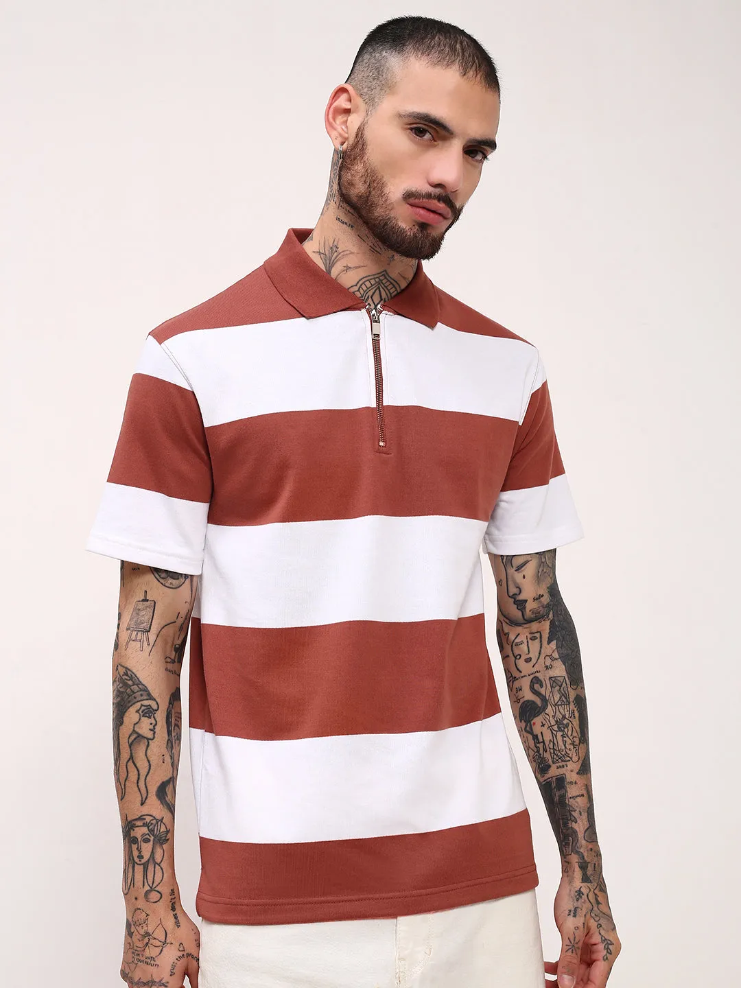product handmade uniqueness Outdoor Essential Men's Brown Striped Polo Collar Slim Fit Cotton T-Shirt