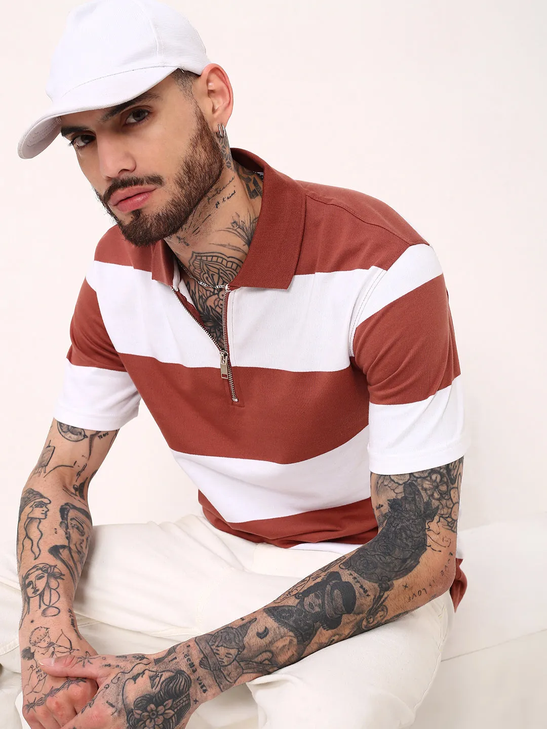 product semi formal grace Men's Brown Striped Polo Collar Slim Fit Cotton T-Shirt