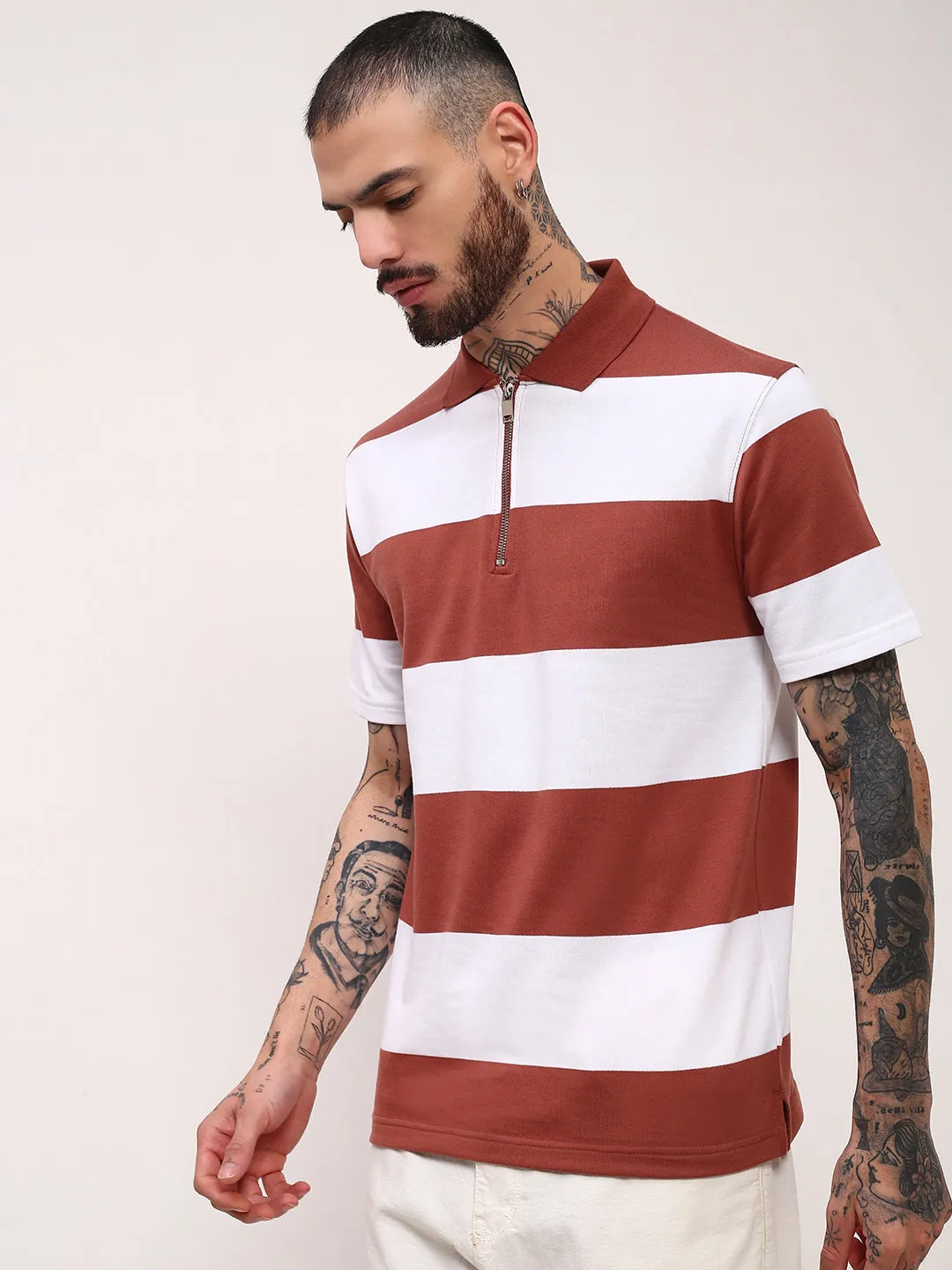 Men's Brown Striped Polo Collar Slim Fit Cotton T-Shirt Front Pocket product abstract mystery