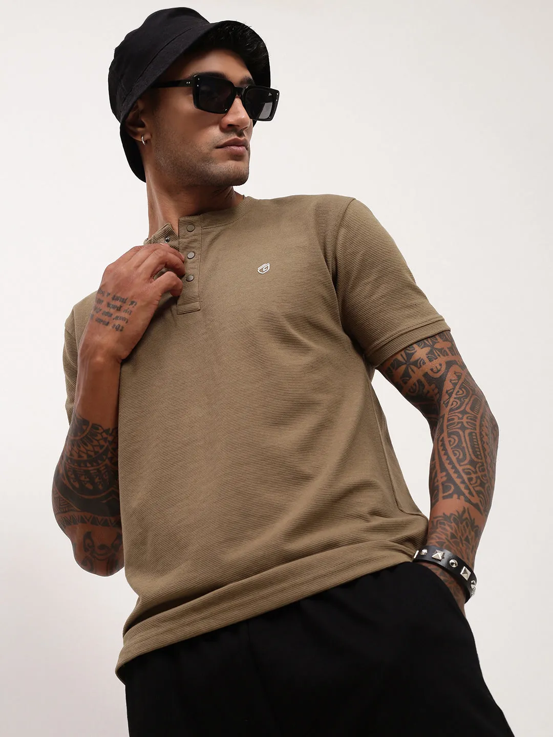 Men's Olive Solid Henley Neck Cotton T-Shirt Relaxed Vibes product twill durability