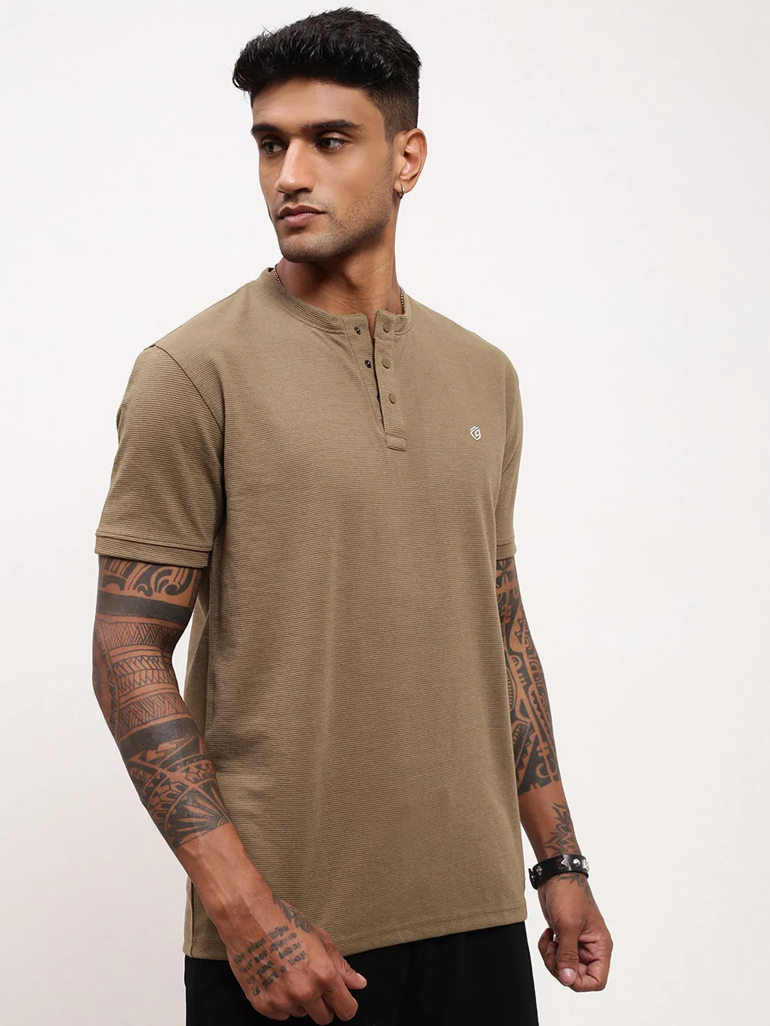 Men's Olive Solid Henley Neck Cotton T-Shirt nautical print
