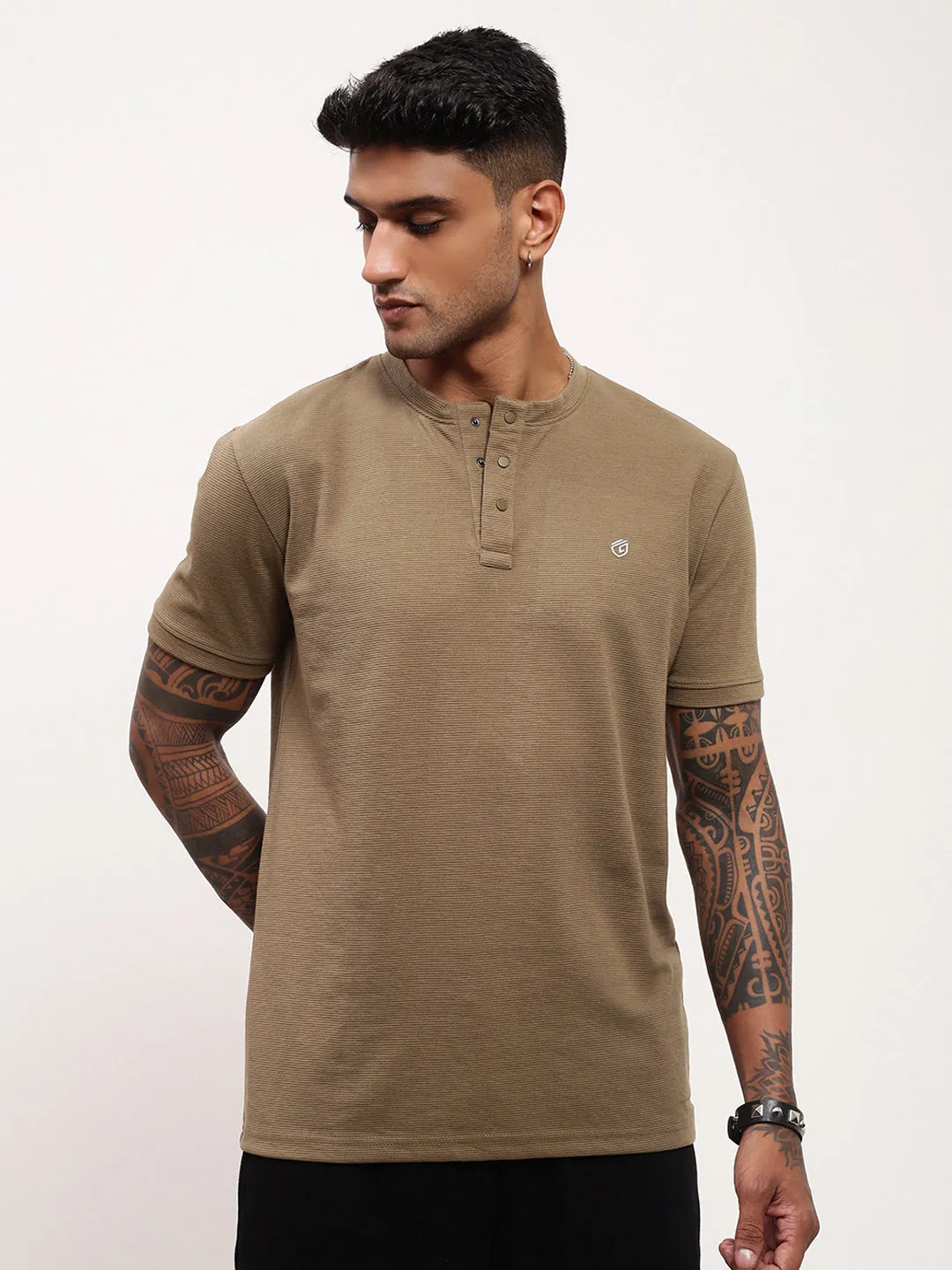 Chilly Day Wear Men's Olive Solid Henley Neck Cotton T-Shirt