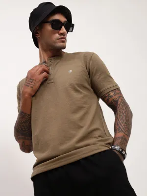 Men's Olive Solid Henley Neck Cotton T-Shirt Relaxed Vibes product twill durability