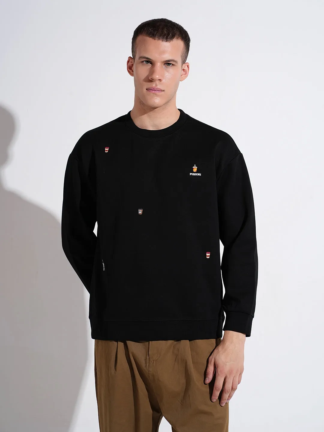 Sports Apparel Men's Graphic Print Black Round Neck Ribbed Regular Fit Sweatshirt