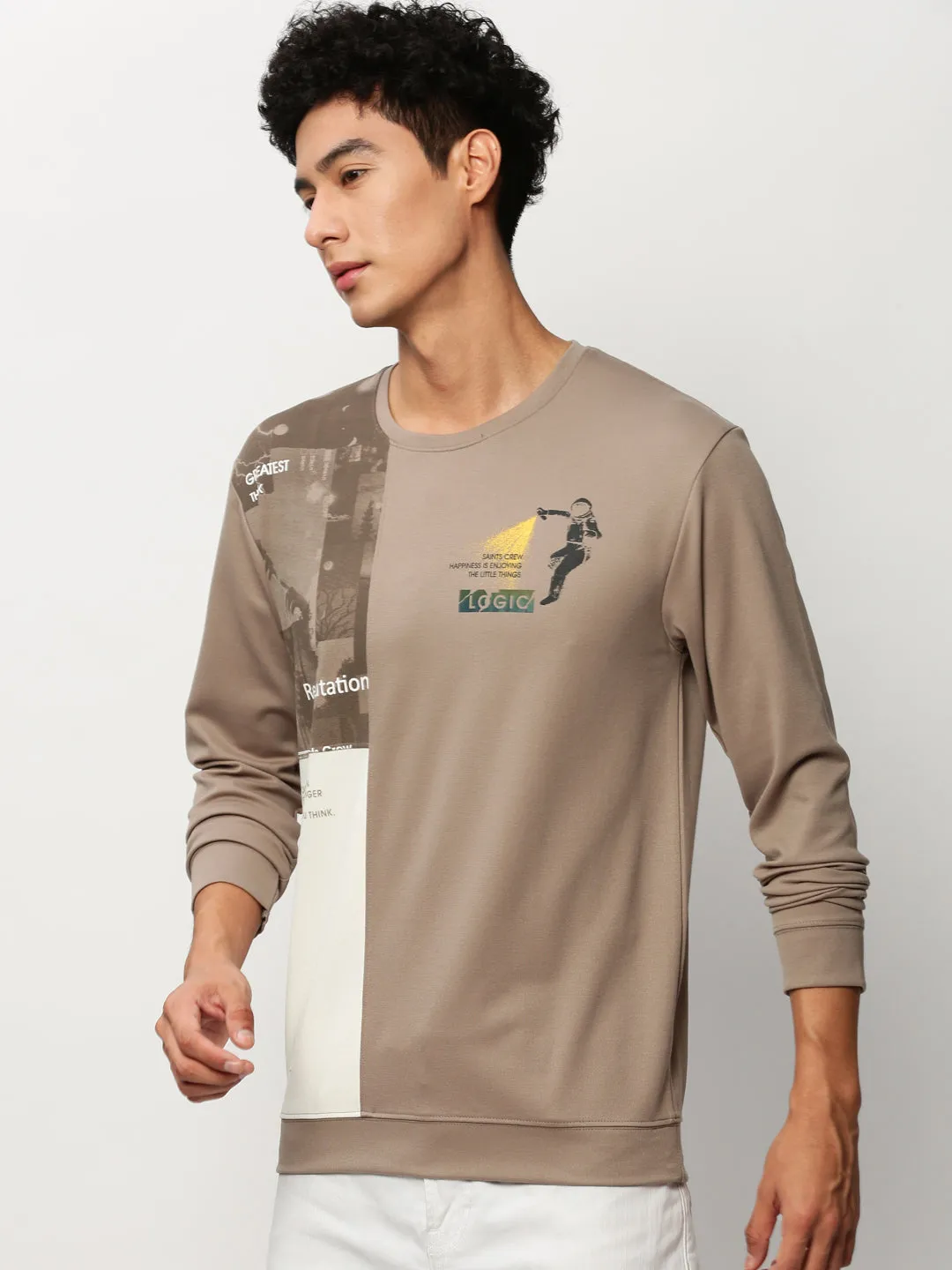 Men's Taupe Graphic Printed Long Sleeves Cotton Terry Pullover Sweatshirt Fashion Layering Home Comfort
