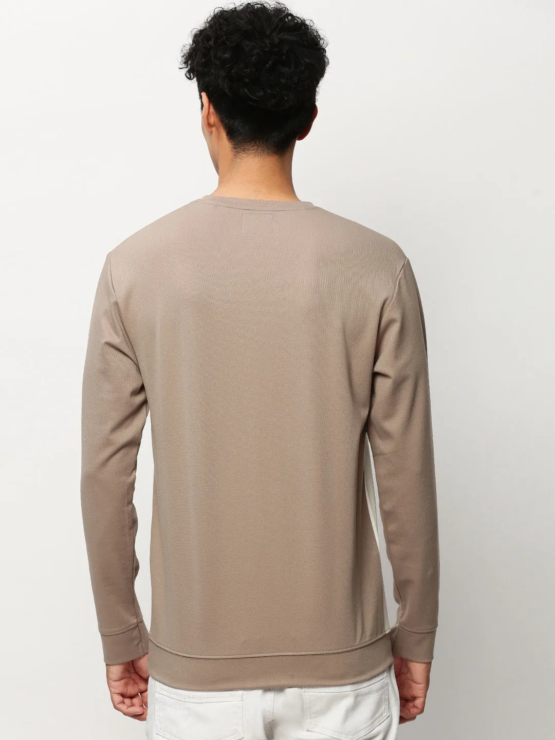 Men's Taupe Graphic Printed Long Sleeves Cotton Terry Pullover Sweatshirt jewelry accents