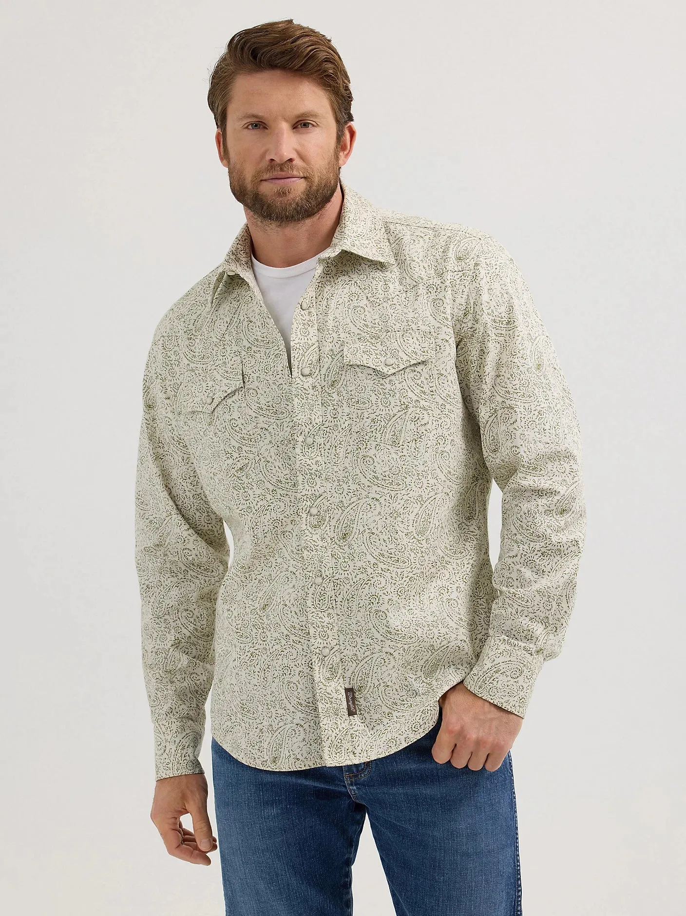 Wrangler Retro Men's L/S Premium Paisley Western Snap Shirt in Olive (Available in Tall Sizes) oversized but not shapeless Matte Look