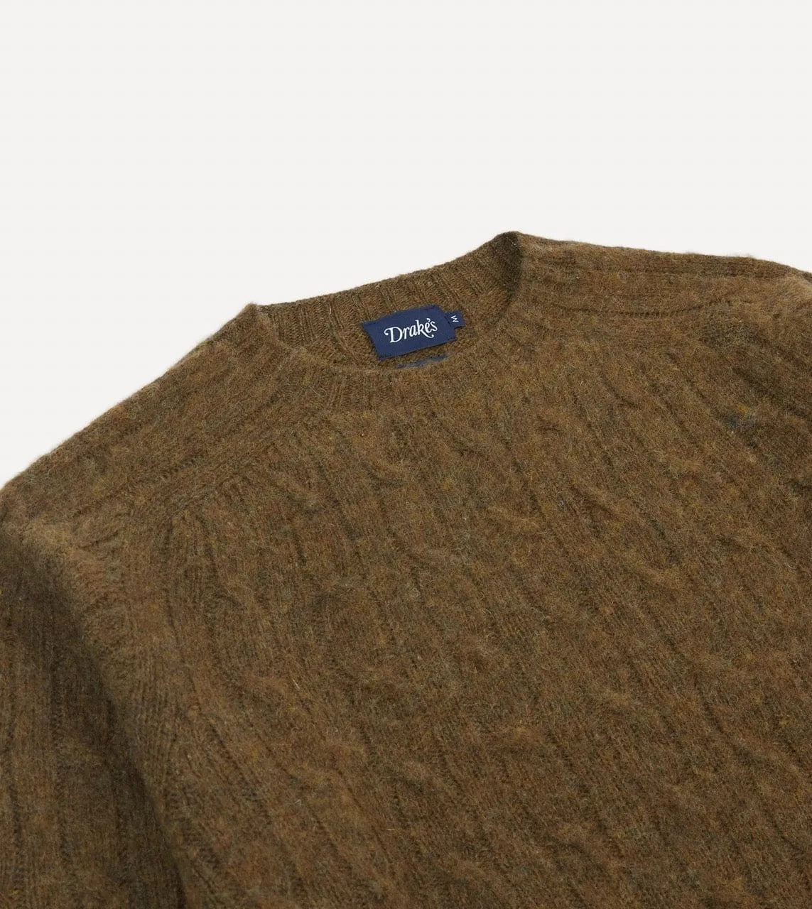 Olive Brushed Cable Knit Shetland Crew Neck Jumper Microfiber Blend