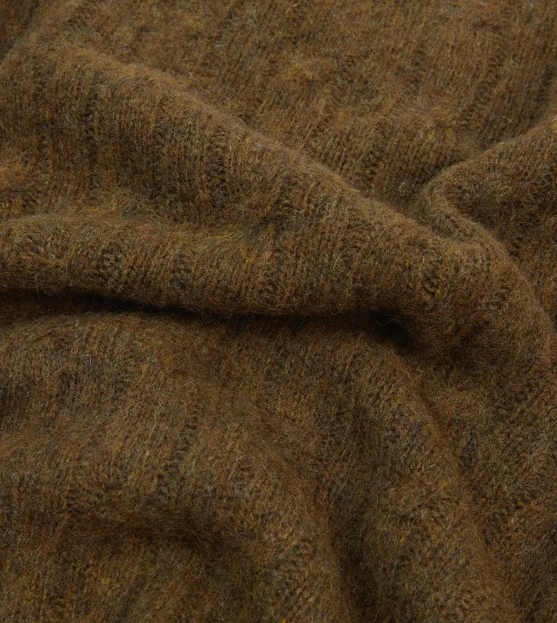 Olive Brushed Cable Knit Shetland Crew Neck Jumper Casual Draping Texture Focus