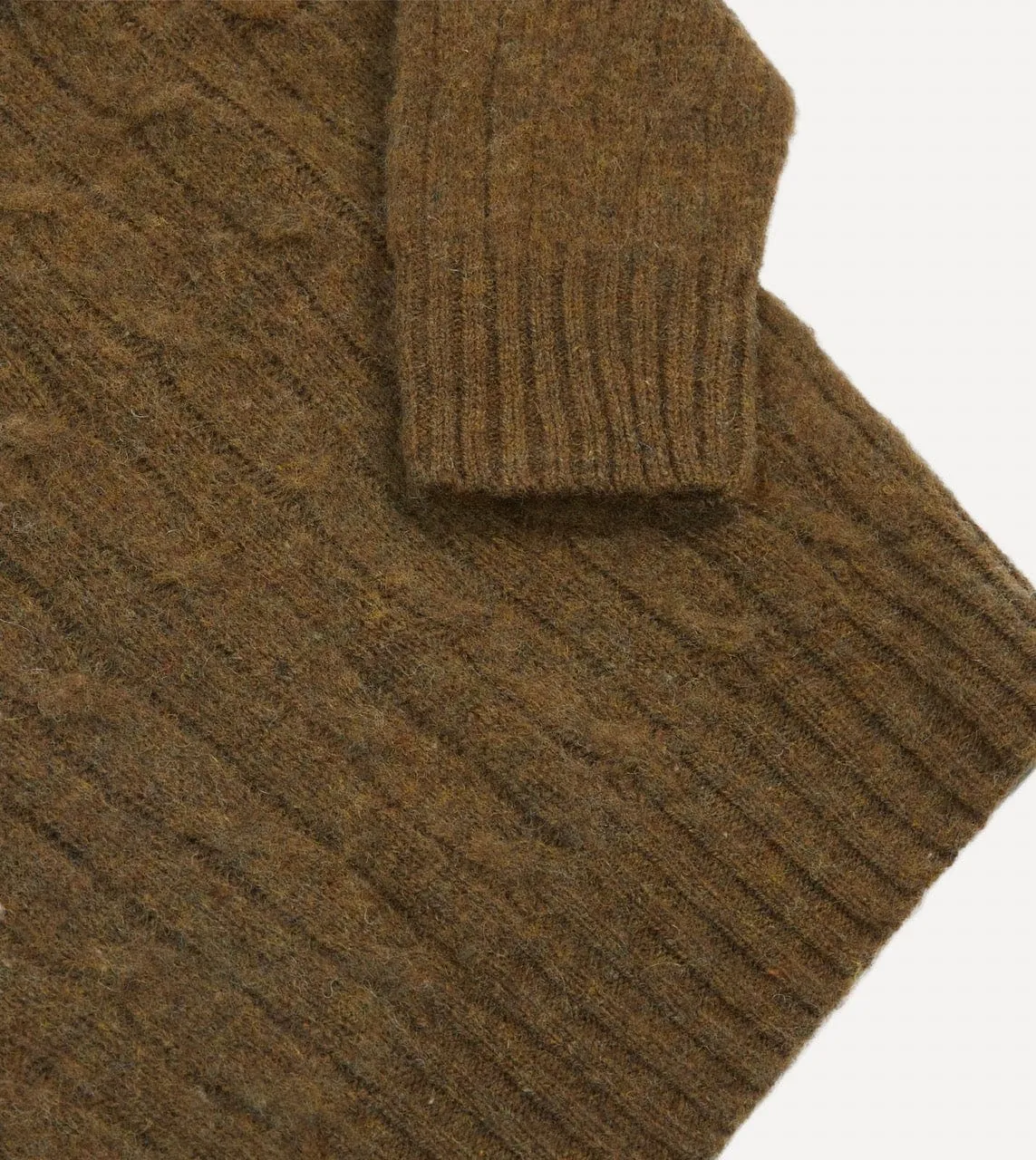Olive Brushed Cable Knit Shetland Crew Neck Jumper Drop Shoulder Stylish Comfort