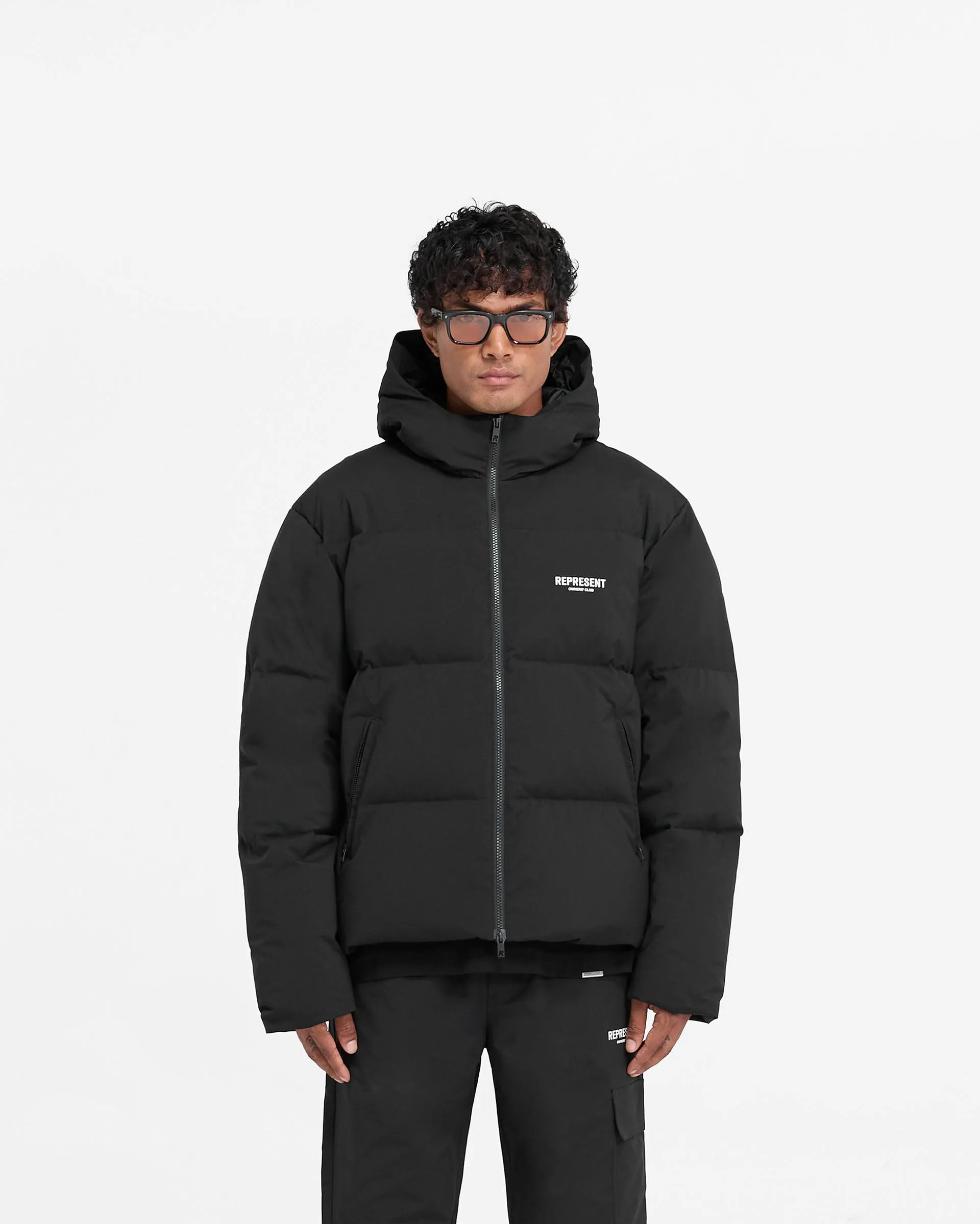 Represent Owners Club Hooded Puffer Jacket - Black Abrasion Resistant Finish Ultra Lightweight Design