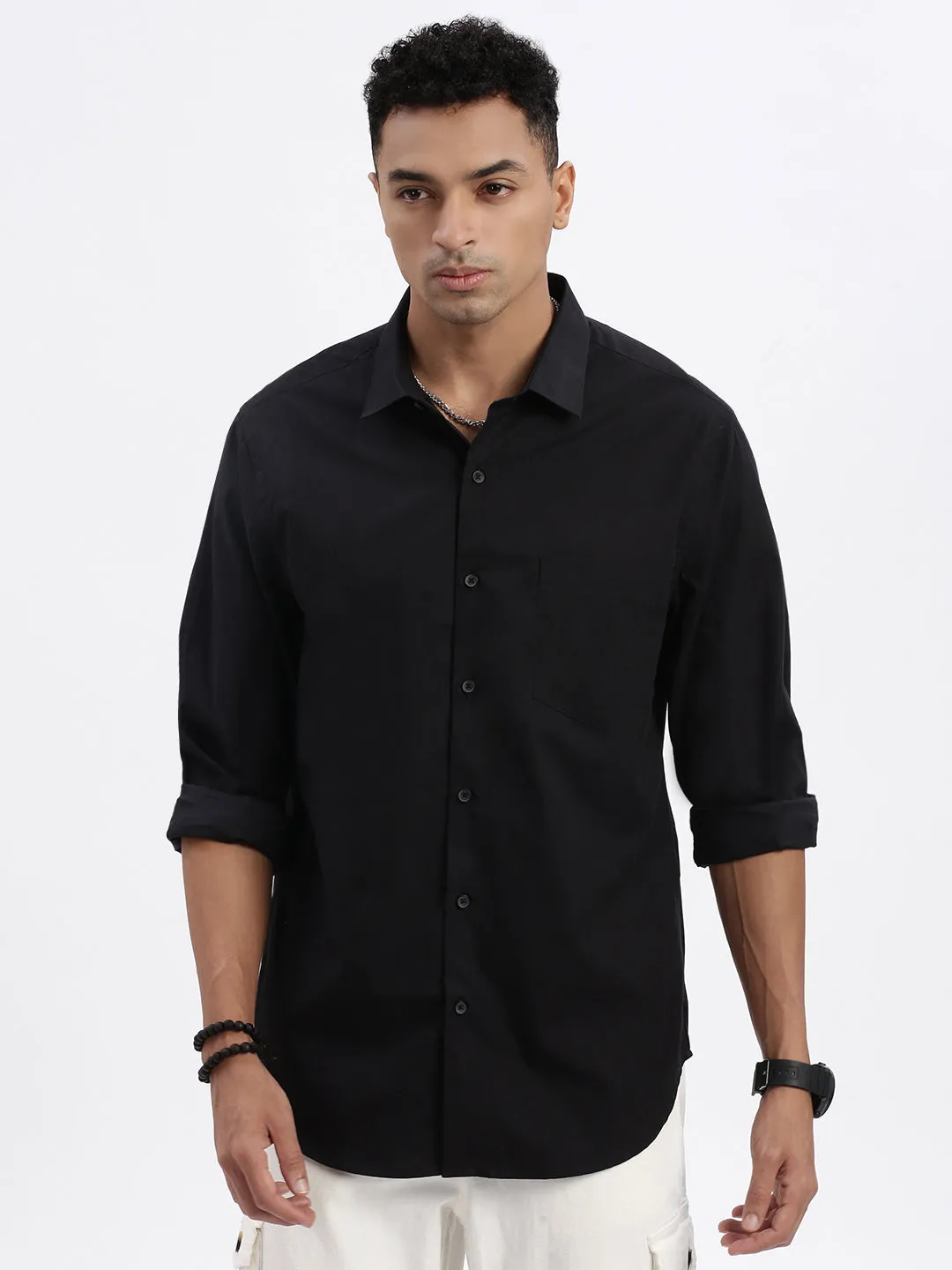 Casual Sweatshirt Men's Black Solid Cotton Slim Fit Casual Shirt