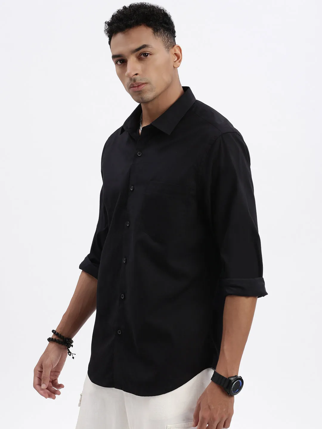 Men's Black Solid Cotton Slim Fit Casual Shirt Cool Glow One-Piece Wear