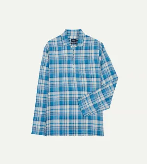 Comfy Active Fit Everyday Style Trend Blue Madras Check Linen Smock Shirt