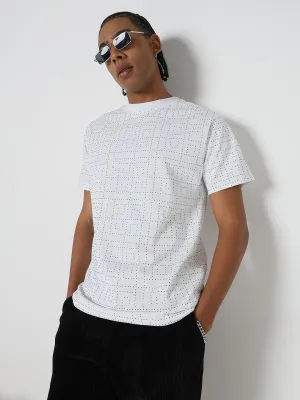 FadeResistantDye Men's Geometric Grid White T-Shirt with Stone Embellishment
