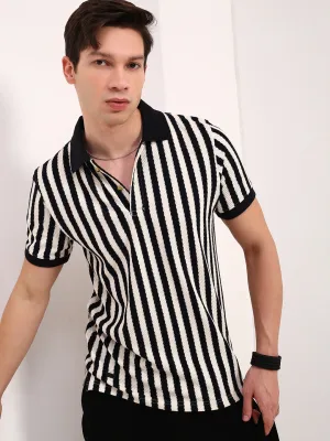 Athletic Cut Seasonal Collection Men's Black Polo Collar Striped T-Shirt
