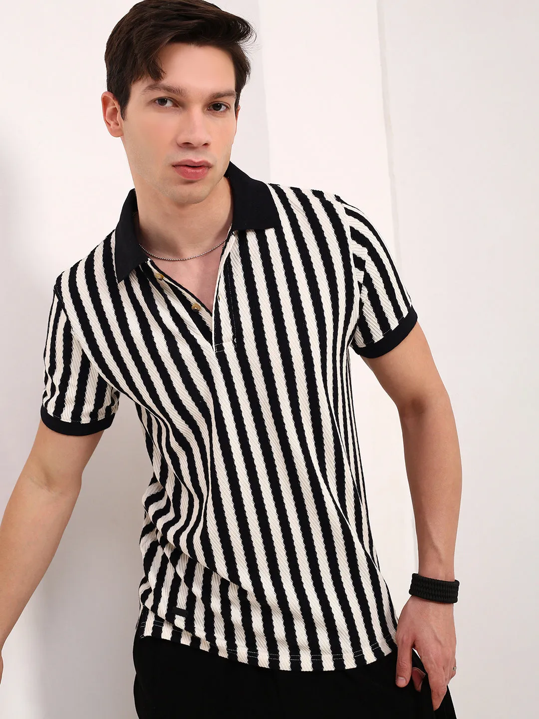 Athletic Cut Seasonal Collection Men's Black Polo Collar Striped T-Shirt