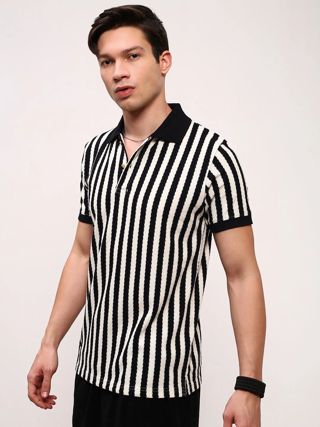 Lounge Comfort Men's Black Polo Collar Striped T-Shirt