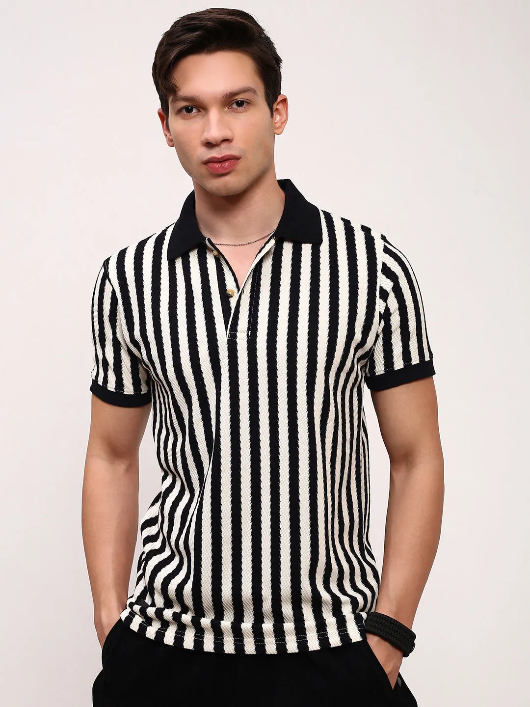 Men's Black Polo Collar Striped T-Shirt product handmade uniqueness Casual Chic