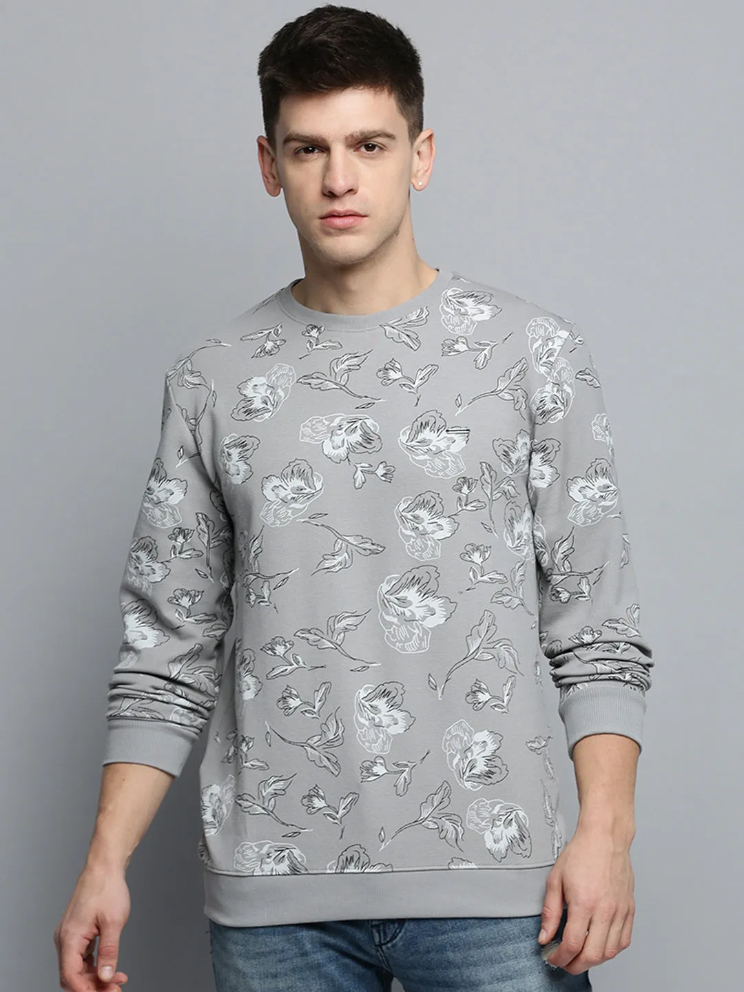 belt accents Weekend Layer Men's Grey Floral Printed Cotton Sweatshirt