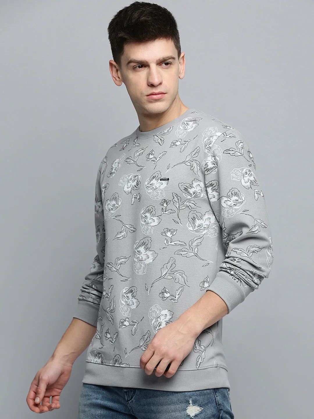 Comfortable Hoodie Men's Grey Floral Printed Cotton Sweatshirt