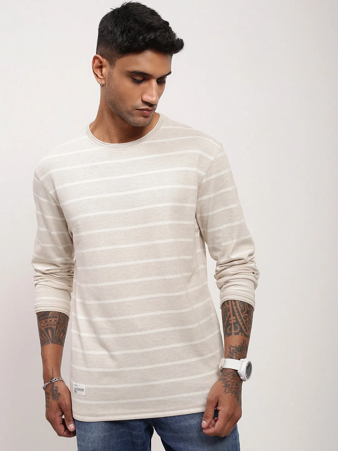 Men's Cream Striped Cotton T-Shirt All-Weather Wear