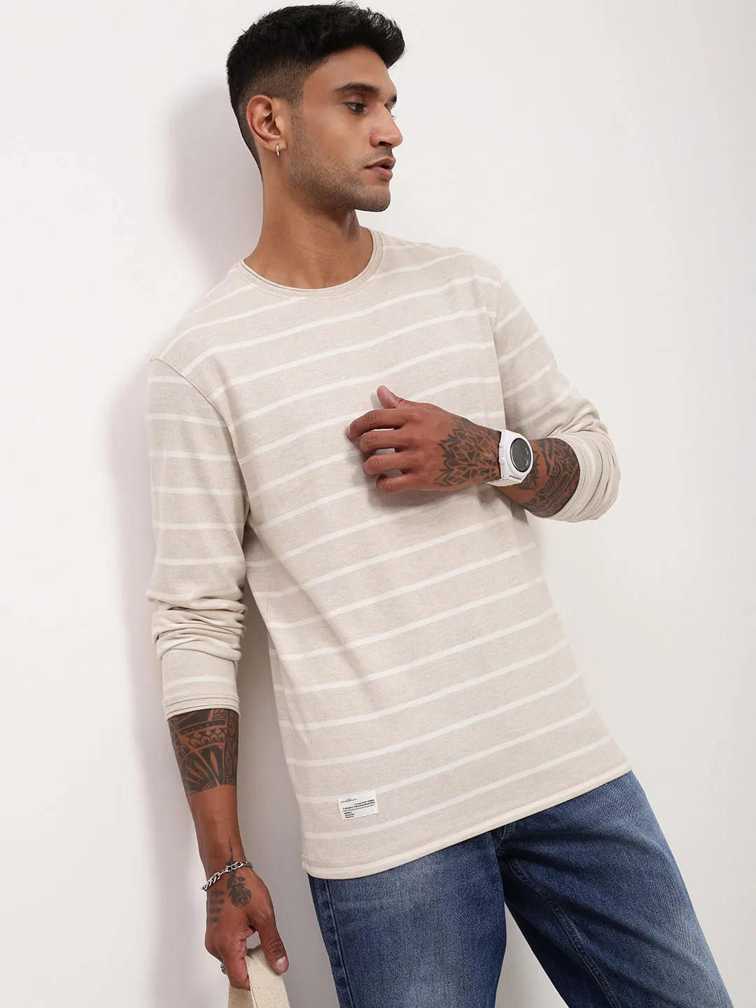 Relaxed Layers Men's Cream Striped Cotton T-Shirt