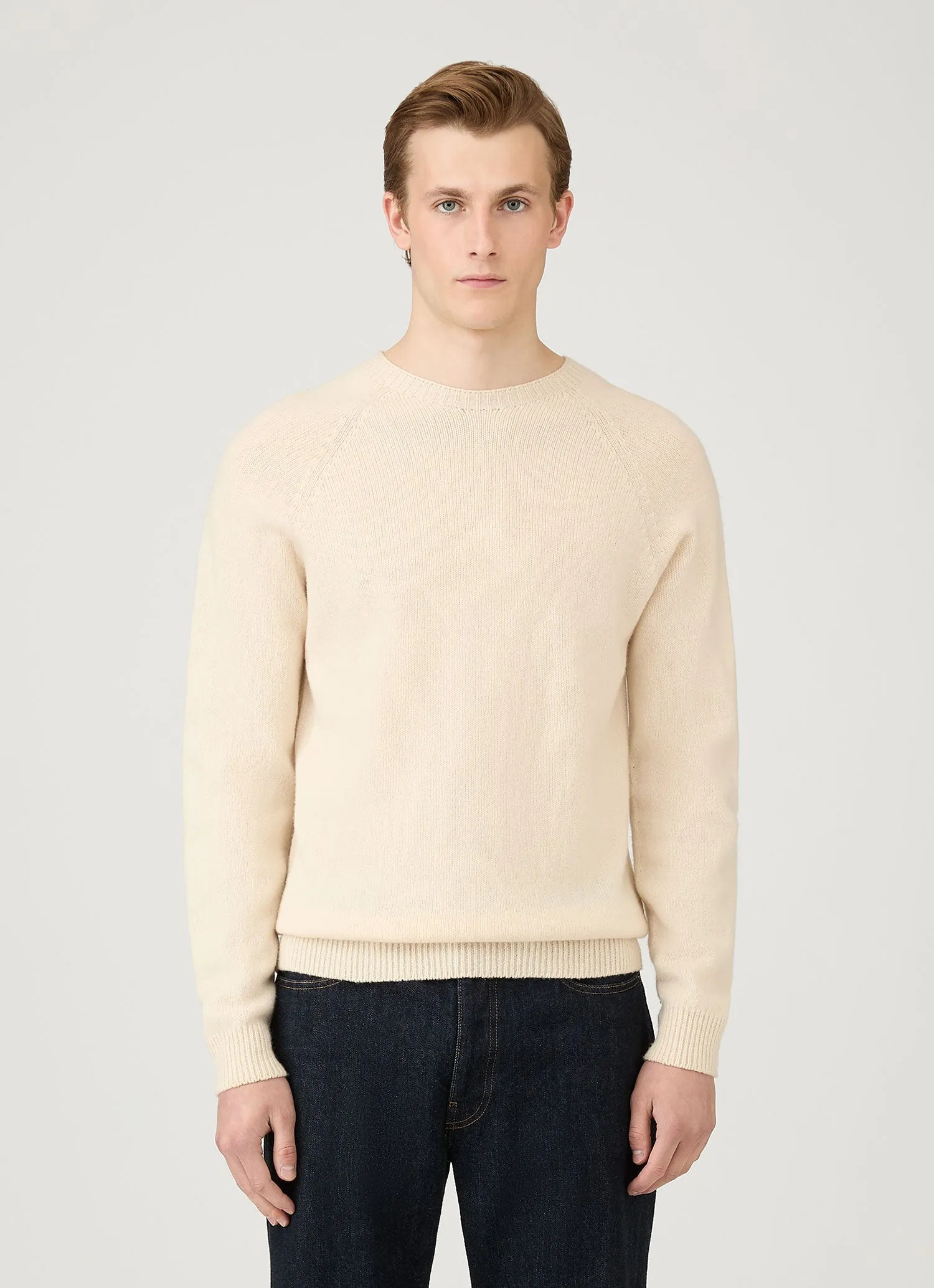 Men's Lambswool Crew Neck Jumper in Ecru ribbed texture