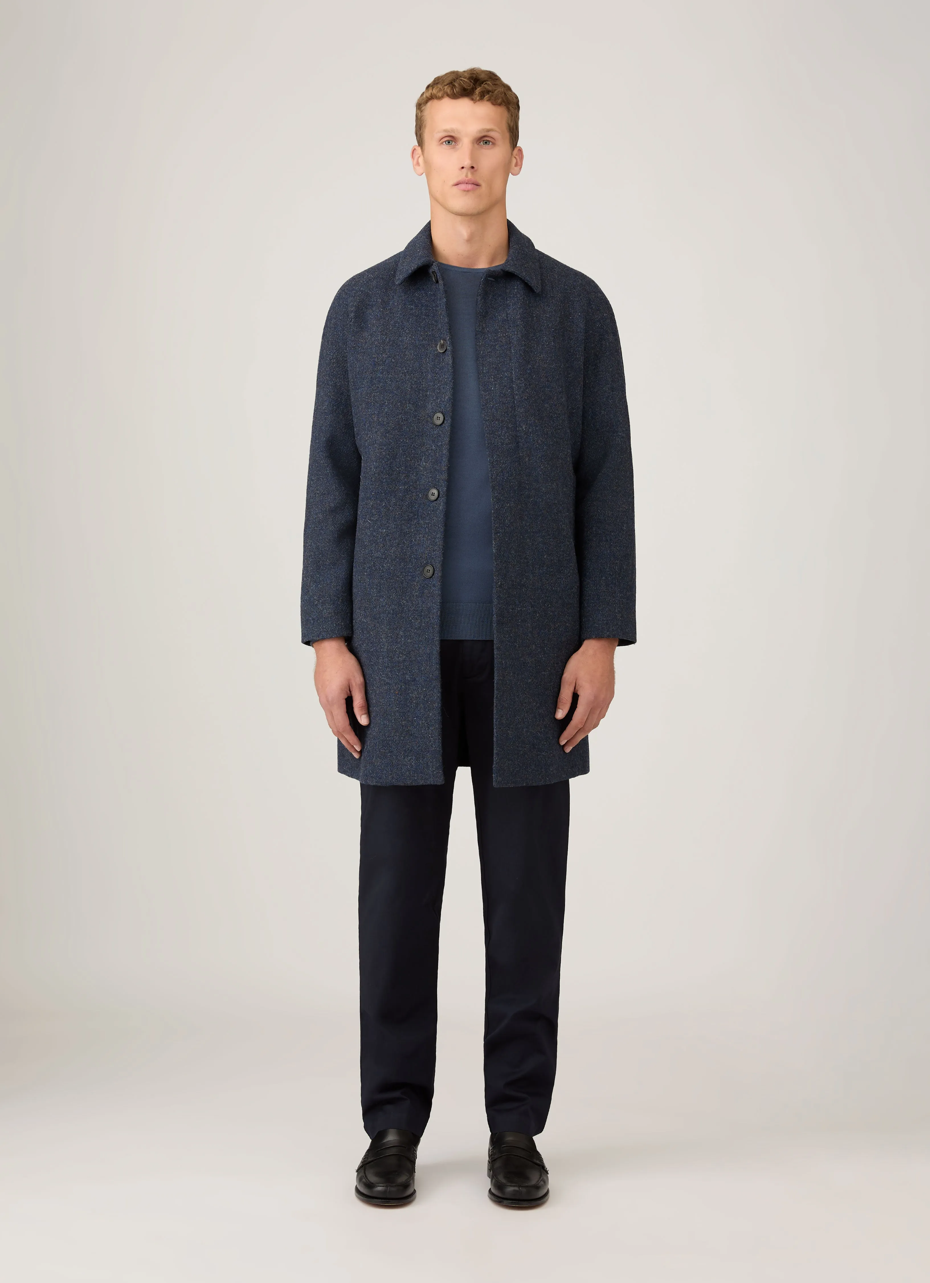 All Year Noise Free Fabric Men's Harris Tweed Car Coat in Selvedge Blue