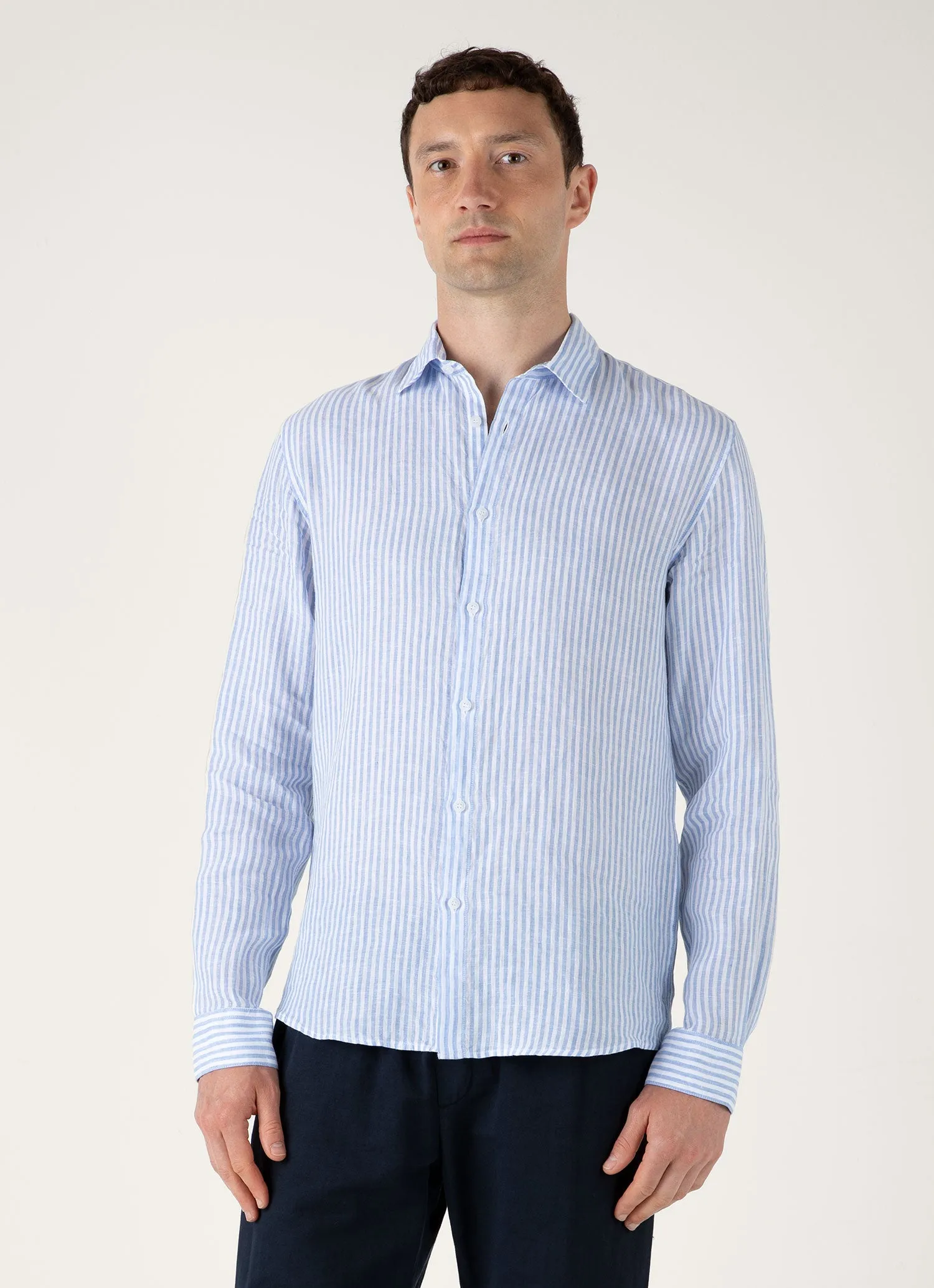 Men's Linen Shirt in Mid Blue/White Summer Essential