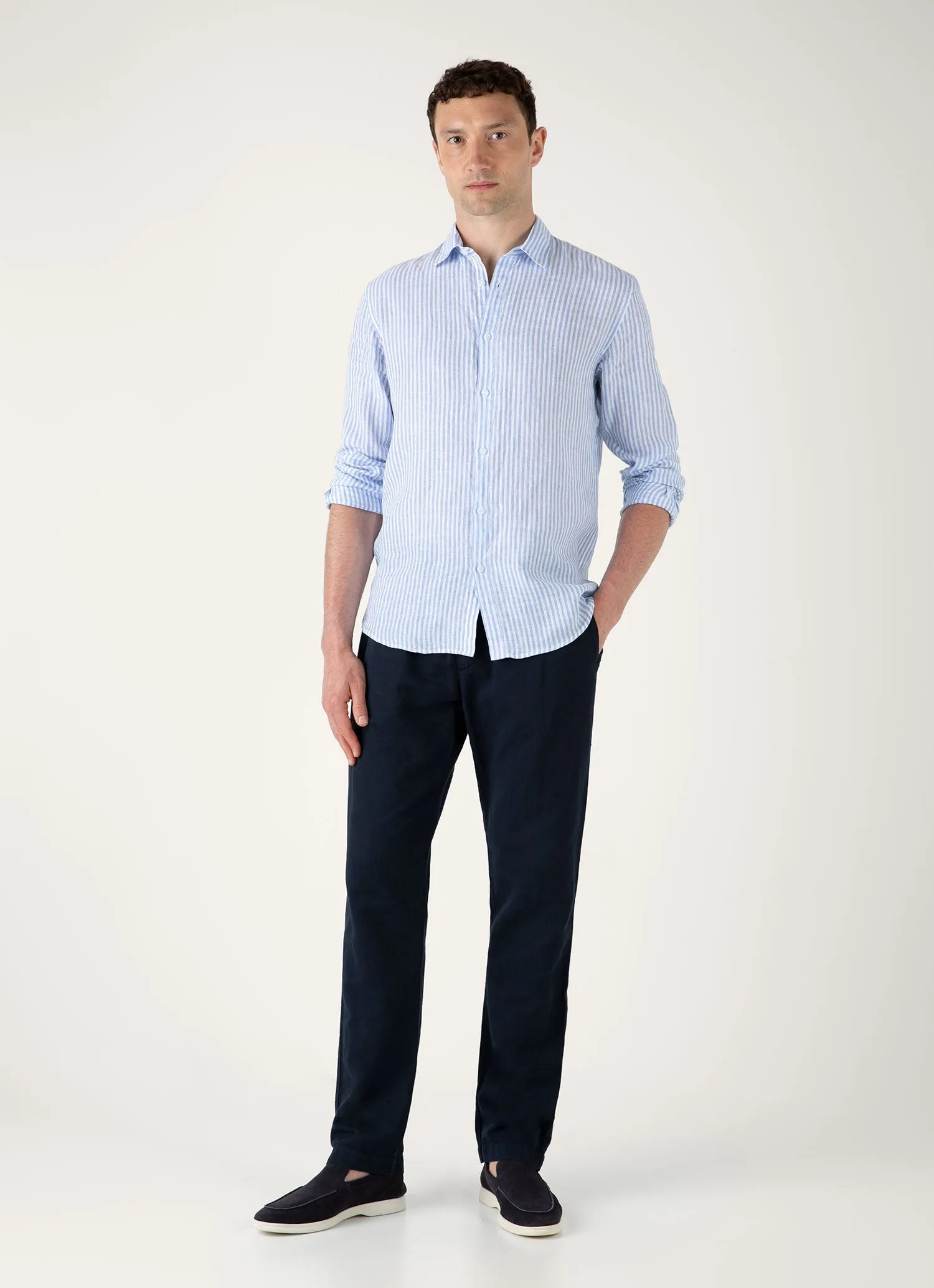 Lightweight Feel Men's Linen Shirt in Mid Blue/White