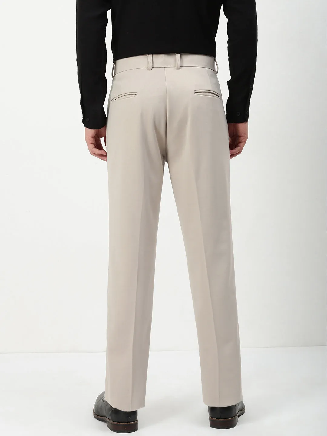Men's Beige Solid Formal Trousers Feminine Cut Athletic Flex Wear